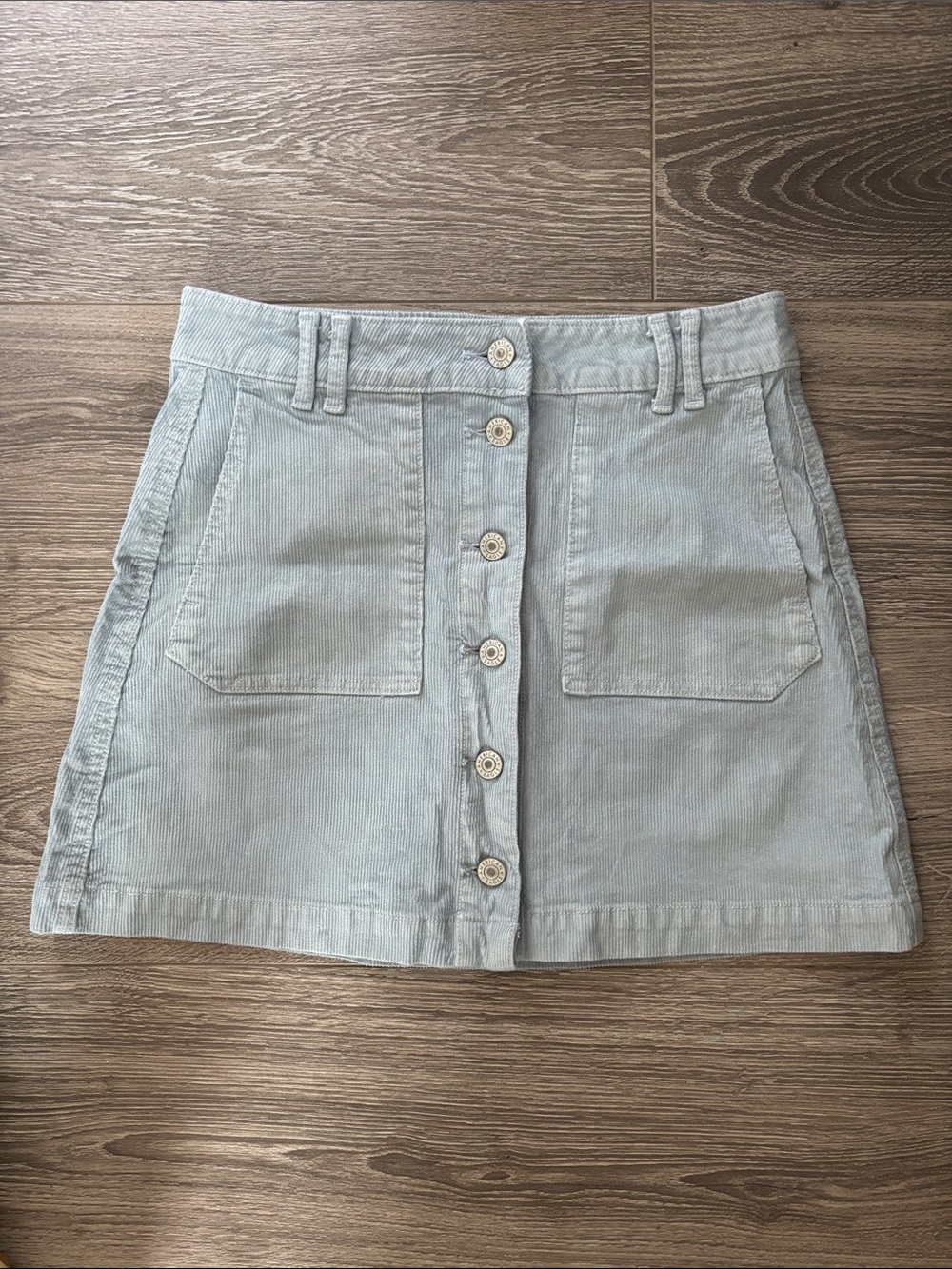Button-Front Light Blue Corduroy Mini Skirt